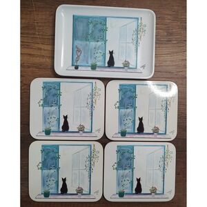 Cork Back 4 Coasters 1 Snack Tray Catherine Piret Black Cat in Window Lot D4